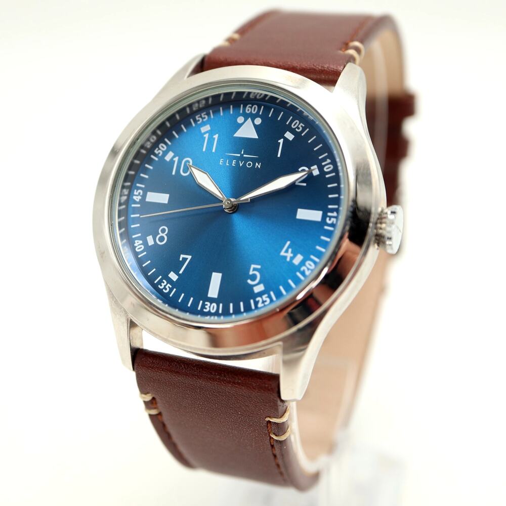 Elevon Men's 42mm Blue Pilots Watch Silver Tone Brown Leather w New Battery